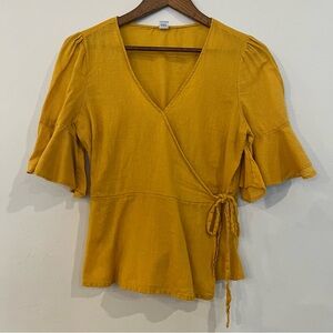 Old Navy Mustard Yellow Women’s Wrap Linen Blouse Shirt Size Medium